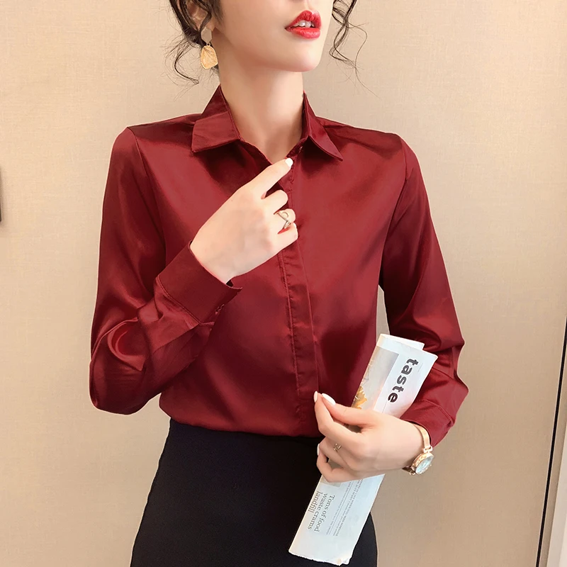 Office Lady Shirts Autumn Spring Slim Blouses Wine Red Tops Burgundy Women Retro Blouse