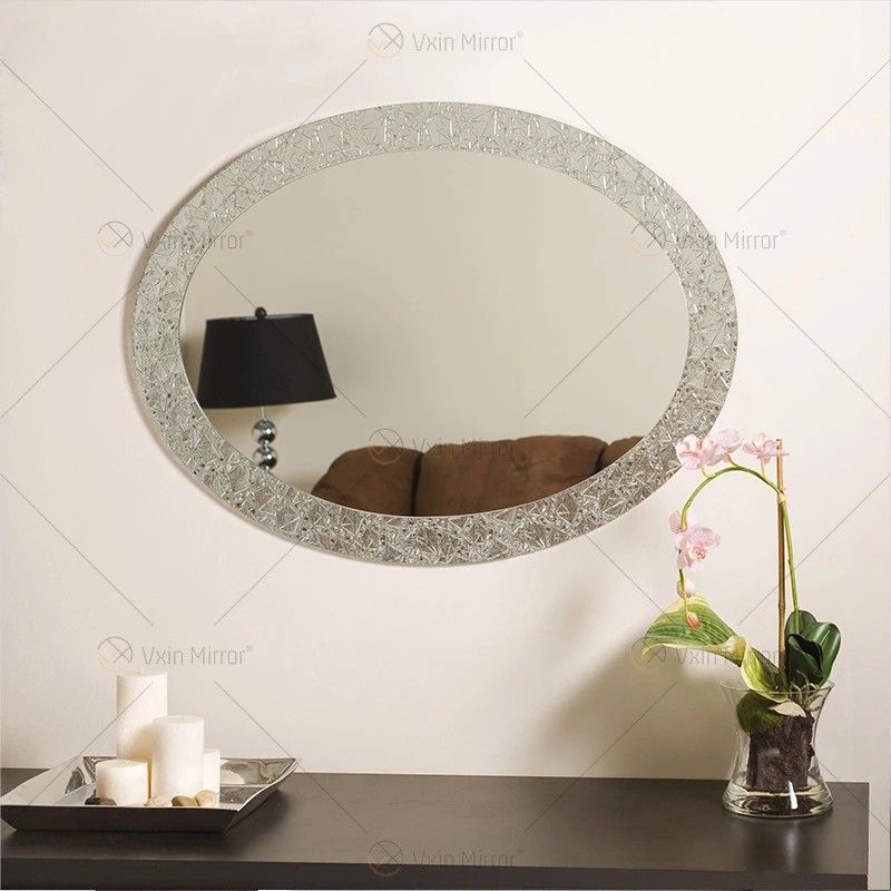 Nordic Oval Bathroom Mirror Silver Crystal Decorative Mirror French Venetian Wall Mirror Glass Craft Light Luxury