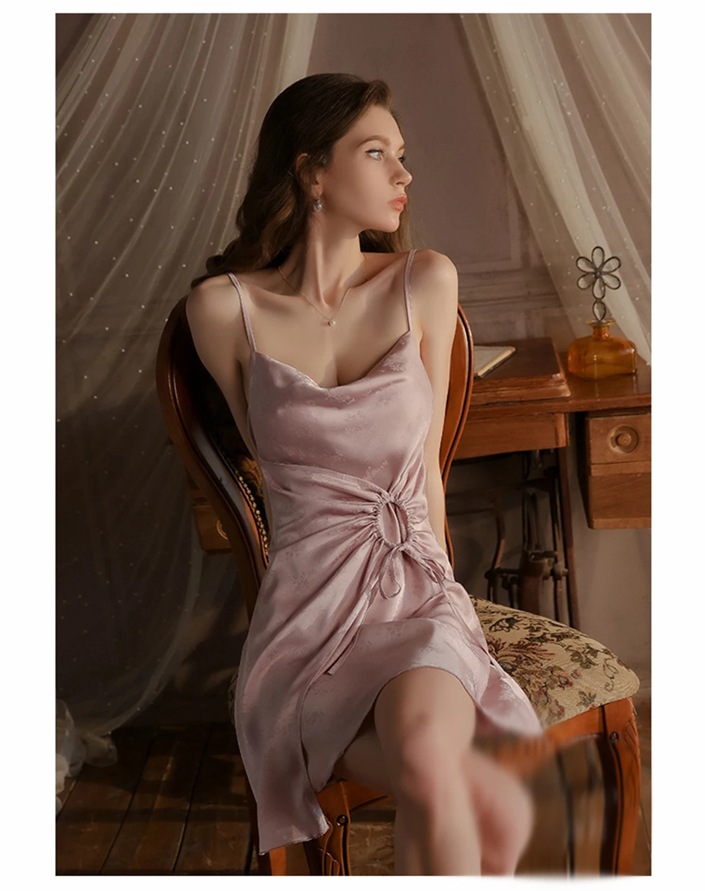 Sexy Jacquard Satin Sling Nightdress With Chest Pad Ladies French Style Backless Sleepwear Homewear Casual Thin Pajamas Lingerie