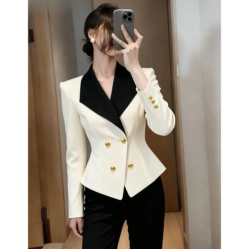 

Осень-весна 2026, новый шикарный повседневный профессиональный блейзер, женская верхняя одежда, модный тонкий черный, белый цвет, тонкий костюм, топы