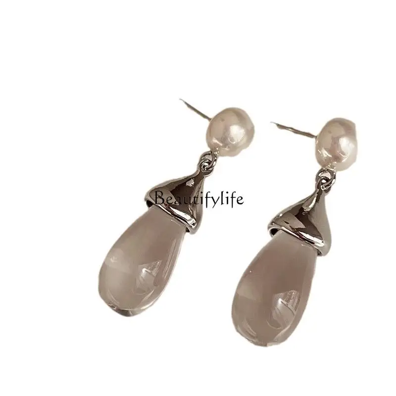 

Transparent water drop pearl earrings, high-end French retro light luxury temperament earrings