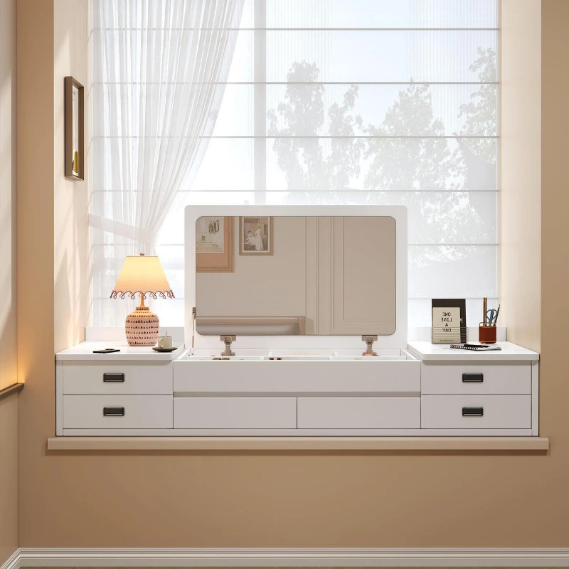 Retractable desk against the wall, storage cabinet on the solid wood household bay window