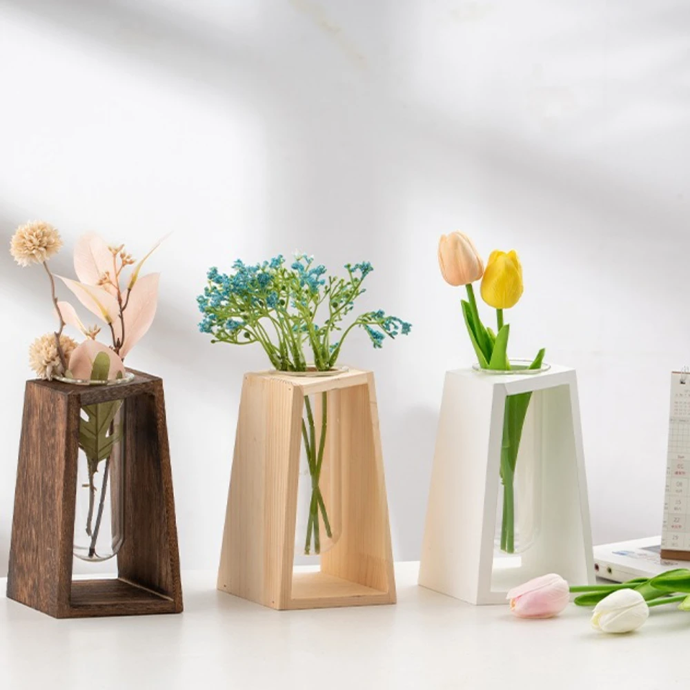 Nordic Holz Reagenzglas Glas Vase Kreative Grüne Pflanze Hydrokultur Vase Trockene Blume Container für Home Office Dekorative