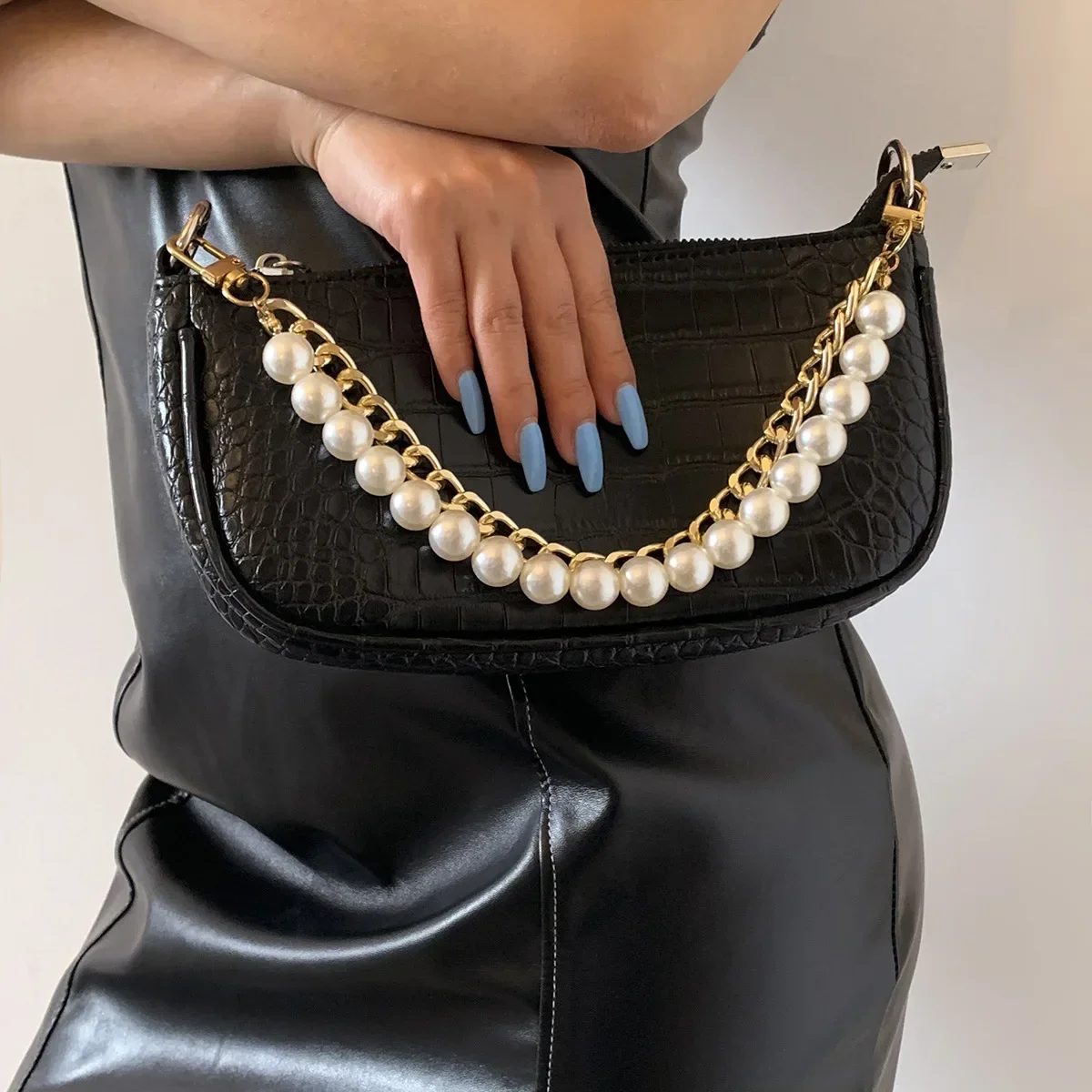 Fashion Trend Aluminum Chain Handbag Beaded Shoulder Chain Vintage Simple Pearl Alloy Buckle Bag Chain