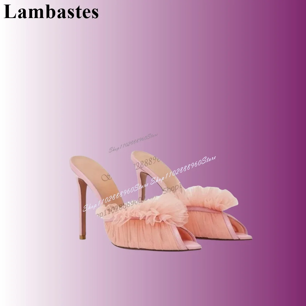 

Pink Air Mesh Pleated Elegant Slippers Cut Heel Thin High Heel Women Shoes Slip-On Peep Toe 2023 Fashionable Zapatos Para Mujere