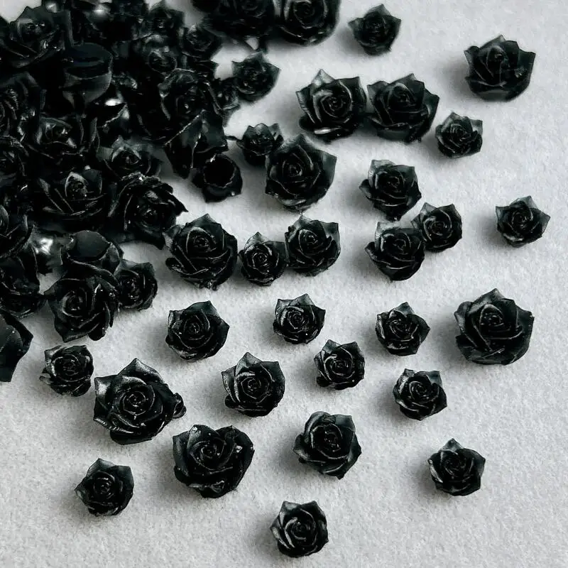 50PCS Minimalist Pure Black Rose Nail Art Charms 3D Resin Rose Flowers Dark Style Nail Decorations Accessories for Manicure DIY