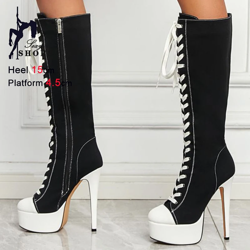 ربيع الخريف موضة أسود أبيض المرأة قماش حذاء برقبة للركبة رقيقة عالية الكعب 15 سنتيمتر منصة 4.5 سنتيمتر الدانتيل متابعة السيدات أحذية طويلة #2