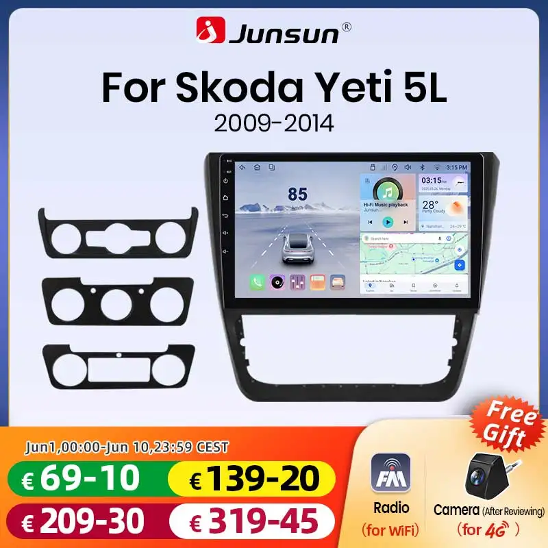 Junsun Android 15 Autoradio für Skoda Yeti 5L 2009-2014 Kabelloses Apple CarPlay Android Auto GPS-Navigation IPS-Touchscreen Stereo-Multimedia-Player Bluetooth 4G WiFi FM AM DSP RDS SWC DAB+ 8-Kern