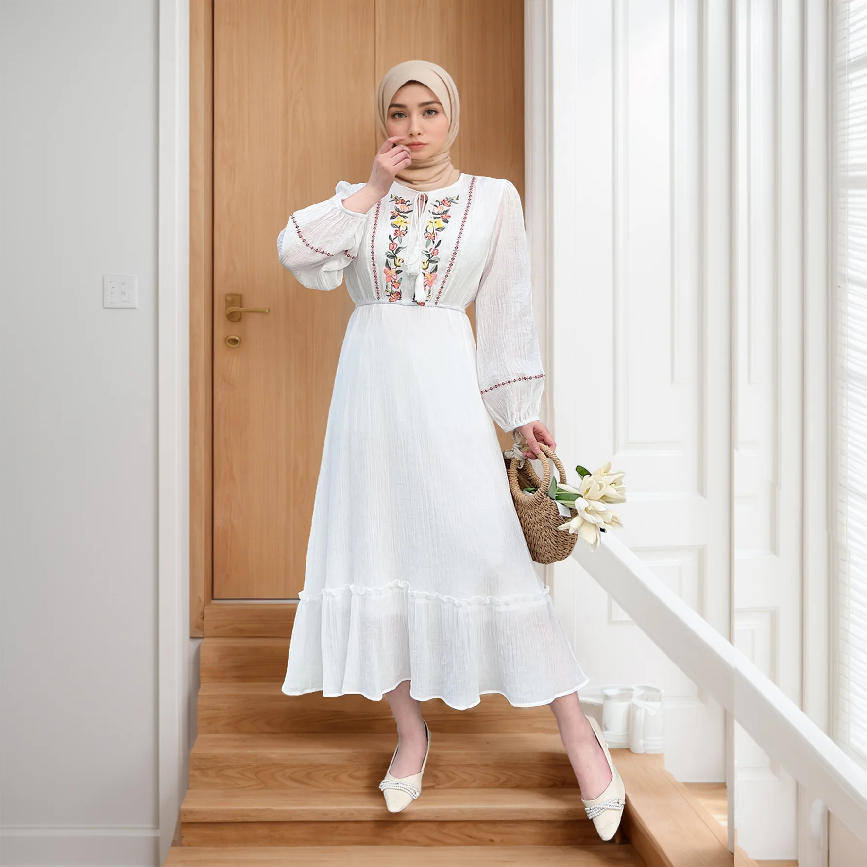 Women Spring Autumn Floral Embroidery Dress Ethnic Style Ukraine Lantern Long Sleeve Ruffles Round Neck A-line Islamic Jalabiya