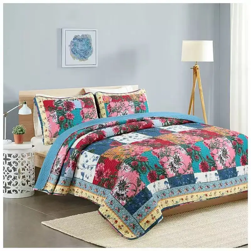 3pcs 100% Cotton Quilted Bedspread Set Queen Full Size Vintage Colorful Floral Bed Cover Summer Quilt Blanket Non-slip Sheet