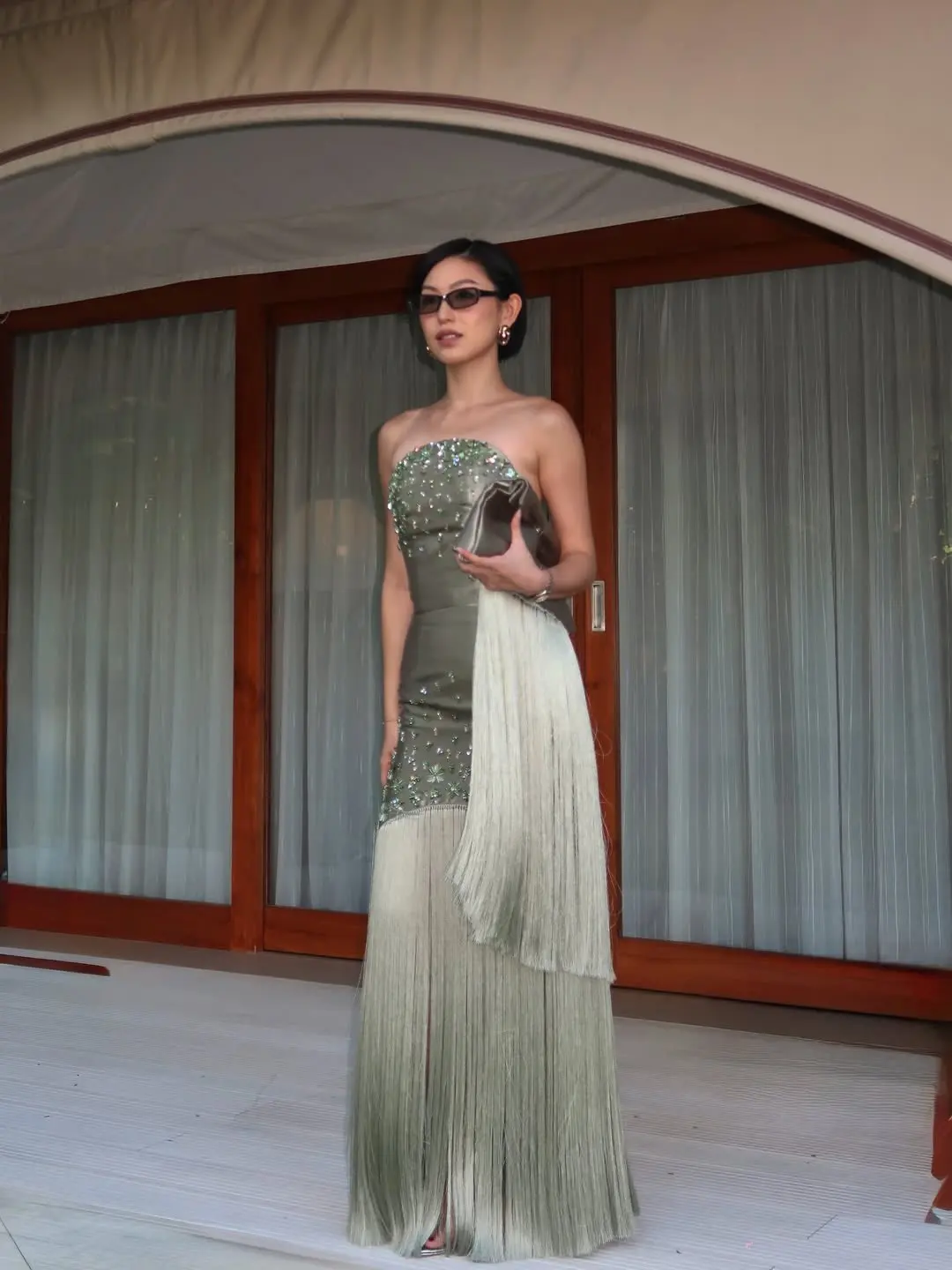 Customized Sage Green Strapless Mermaid Prom Dress Beaded Fringe Evening Gown Arabic Women Wedding Guest Dubai Party Dress view 4