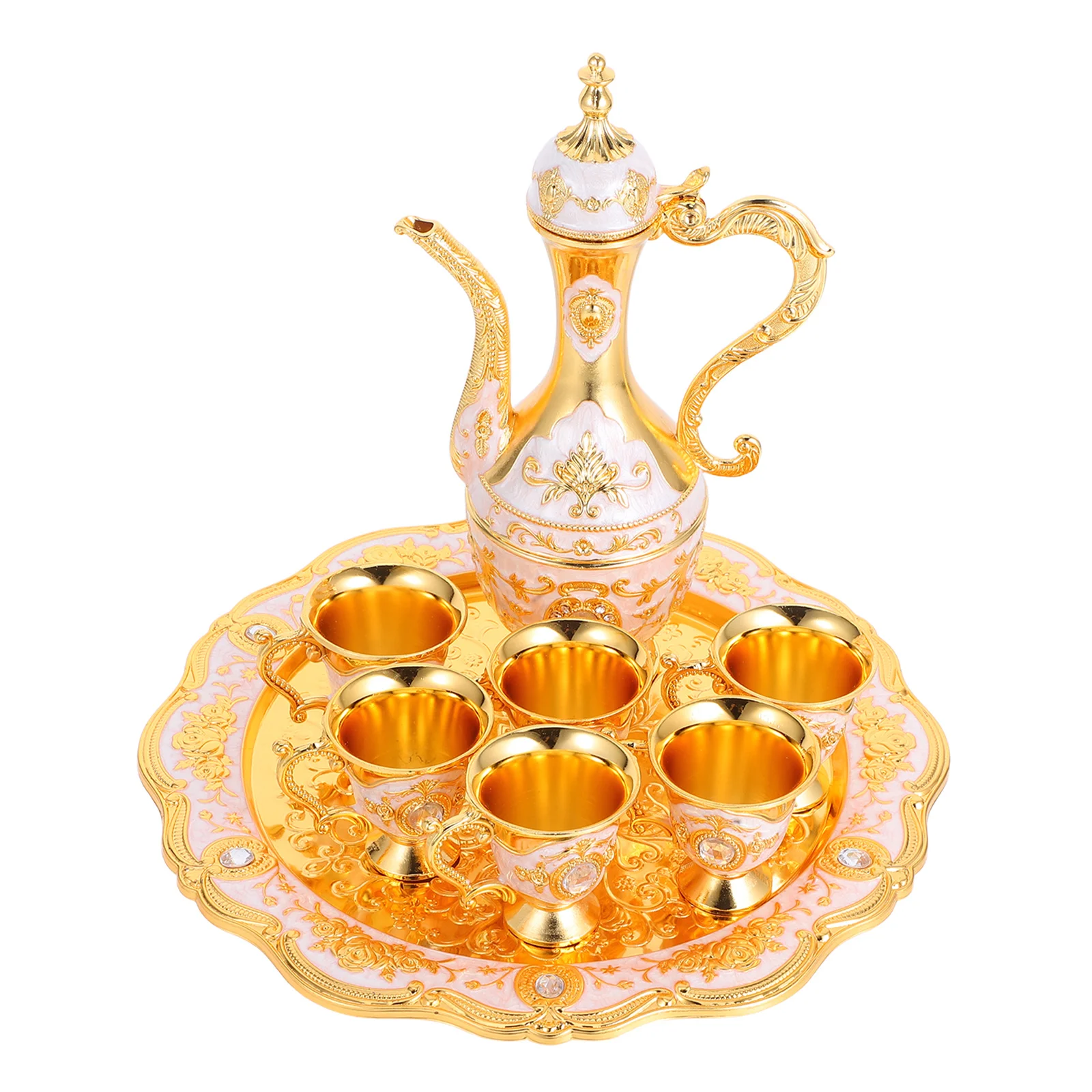 

1 Set Vintage Metal Wine Goblet Set 250Ml 30Ml Embossed Chalice Cups With Tray Decanter For Home Bar Tea Party Wedding Kitchen