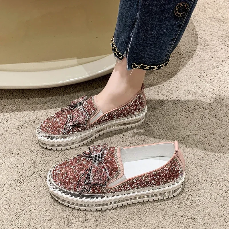 2024Fashion Women Shoes Shining Rhinestone Loafer Bowknot Slip-on Thick Botton CasualCrystal Female Platform Sneakers Sports