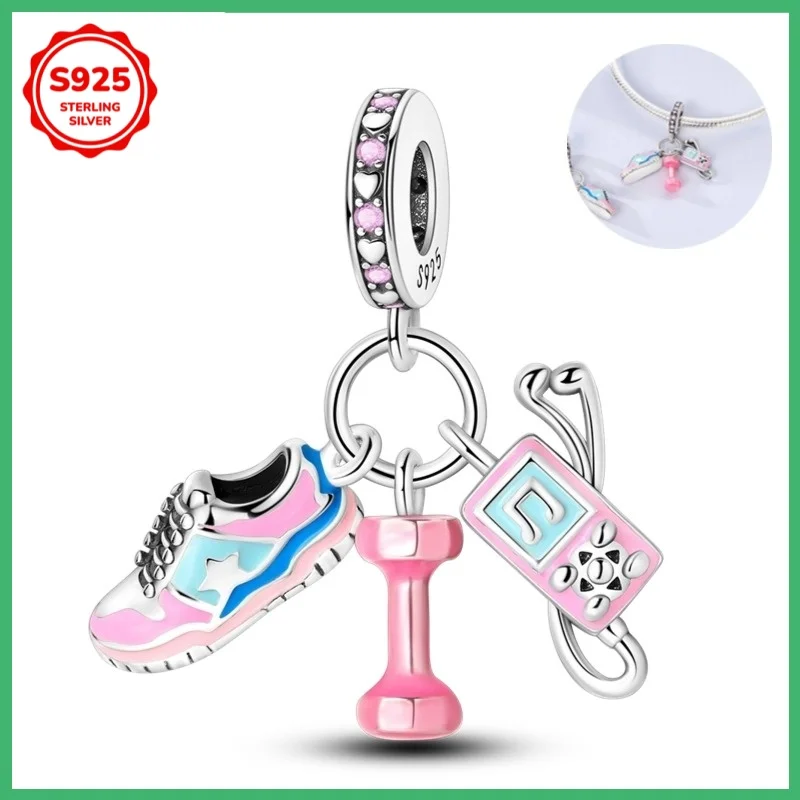 Original 925 sterling silver sports dumbbell charm bead, suitable for DIY bracelets, necklaces, birthday jewelry gifts