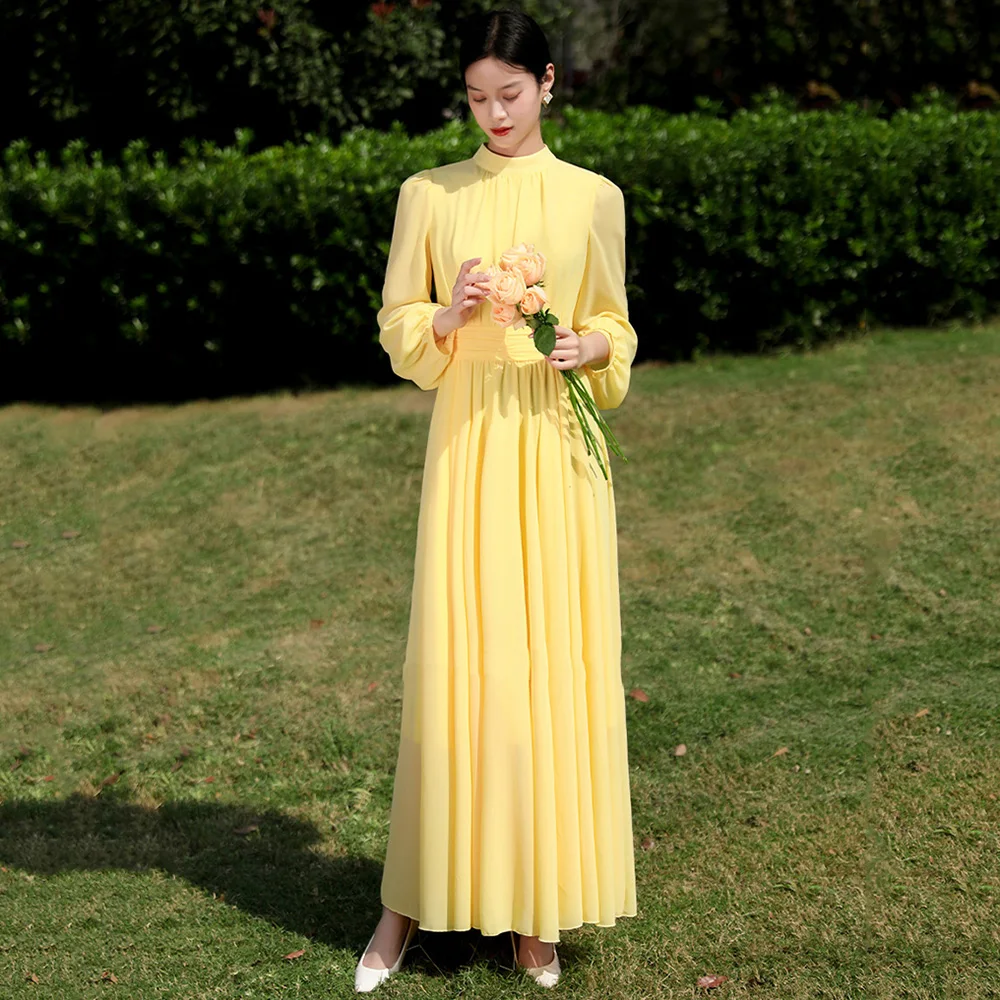 

New Women Long Chiffon Holiday Dress Fashion Small Stand Collar Long Sleeve Slim Waist Dress Elegant Flowing Ankle-Length Dress