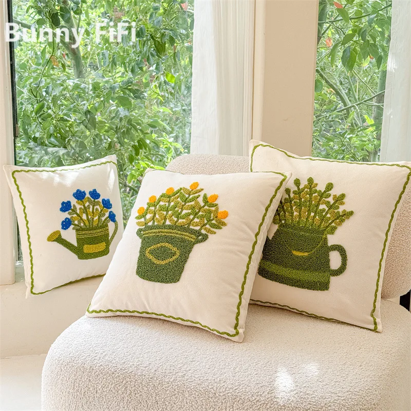 Embroidered Flowers Vase Cushion Covers Soft Jacquard Modern Decorative Throw Pillow Cases For Sofa Bedroom Home Decoration