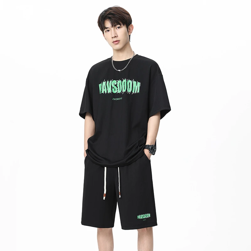 2026 Korean Style Summer Casual Men's Summer T-shirt Shorts Two-piece Loose Fit Hong Kong Style Printed Sportswear Set