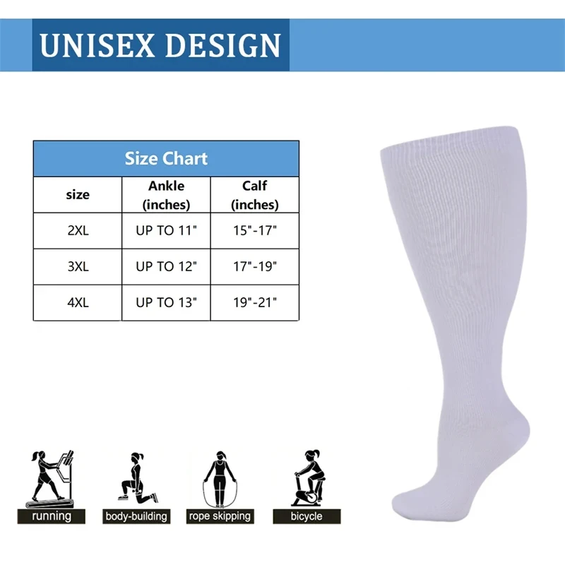 5 Pairs Plus Size Compression Socks For Men Women Running Jump Rope Yoga Plus Size Sports Hiking Gym Weight Loss Socks 2XL-4XL