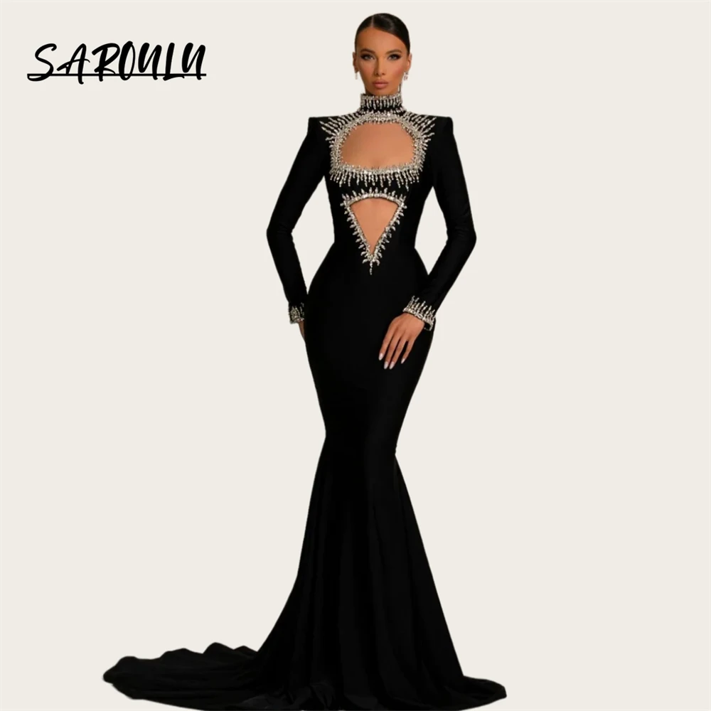 

High Neck Rhinestones Prom Dress With Full Sleeves Crystals Mermaid Long Evening Dresses For Women Luxury Party Gown