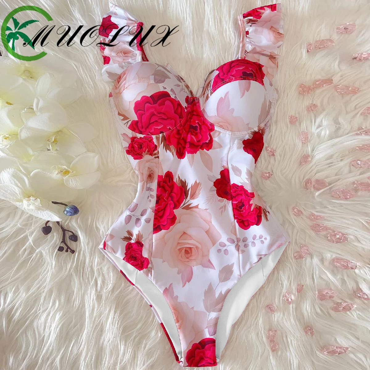 MUOLUX 2024 New Ruffle One Piece Swimsuit Women Deep-V Bathing Suit Sexy Printed Swimwear Bodysuit Beach Wear Swim Suit Monokini