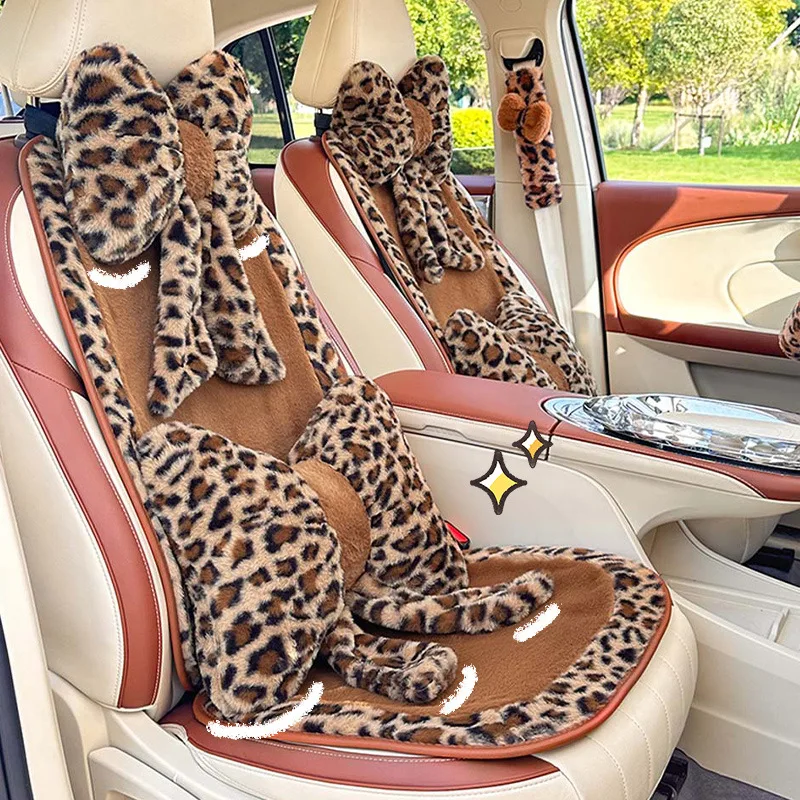 Plush Bowknot Car Headrest Cartoon Animal Anime Neck Protector Creative Leopard Print Bow Auto Throw Pillow Car Accessories