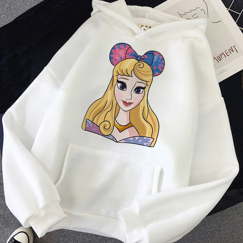 Kawaii disney dos desenhos animados princesa hoodie senhoras engraçado mickey orelhas padrão streetwear harajuku camisola superior feminino