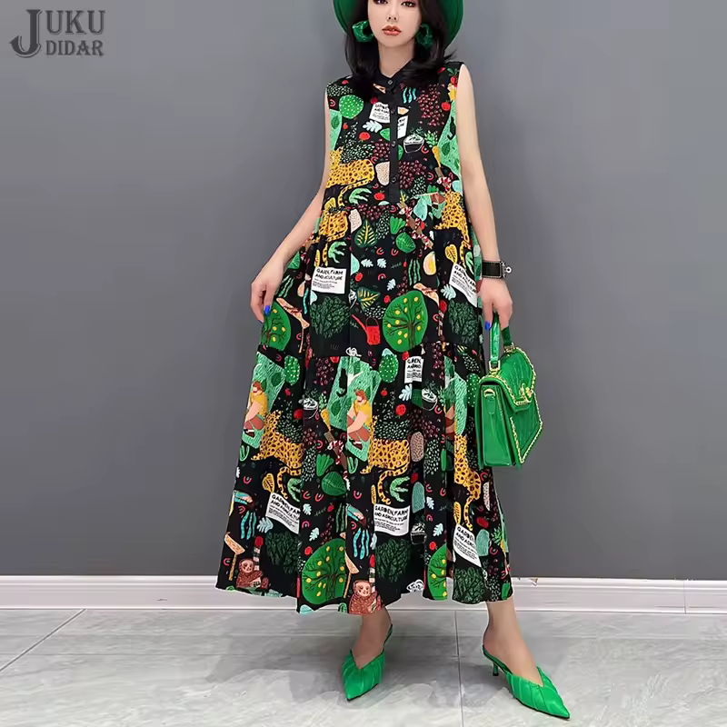 Green Printed Korean Style Woman Summer Casual Sleeveless Tank Dress Loose Fit Big Size Holiday Boho Chic Sundress Robe JJXD499
