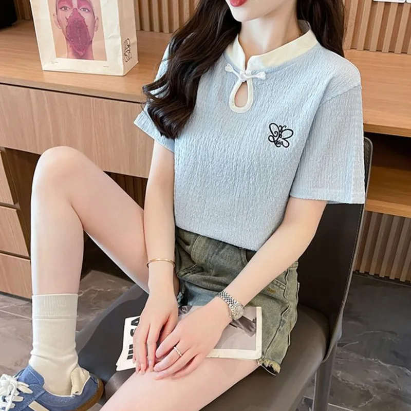 Chinese Style Summer New Women's Loose Short Sleeve T-Shirt Butterflyl Embroidery Mandarin Collar Design Fashion Tee Tops