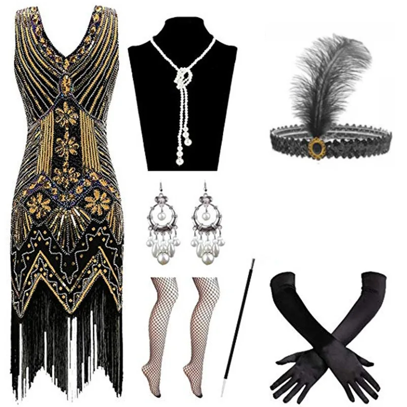 1920s Flapper Vintage Dress With 20s Accessories Set Great Gatsby Party Evening Sequins Fringed Skirt