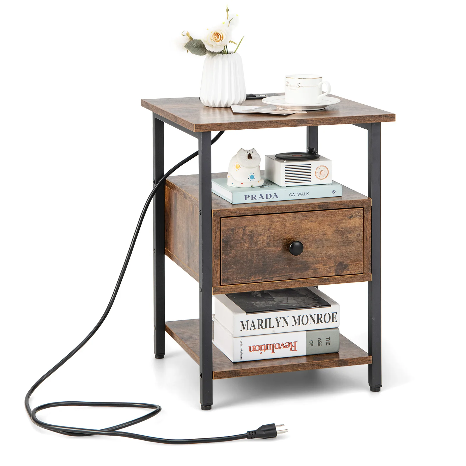 

Nightstand Bedside Sofa End Table w/ Charging Station Open Shelves & Drawer