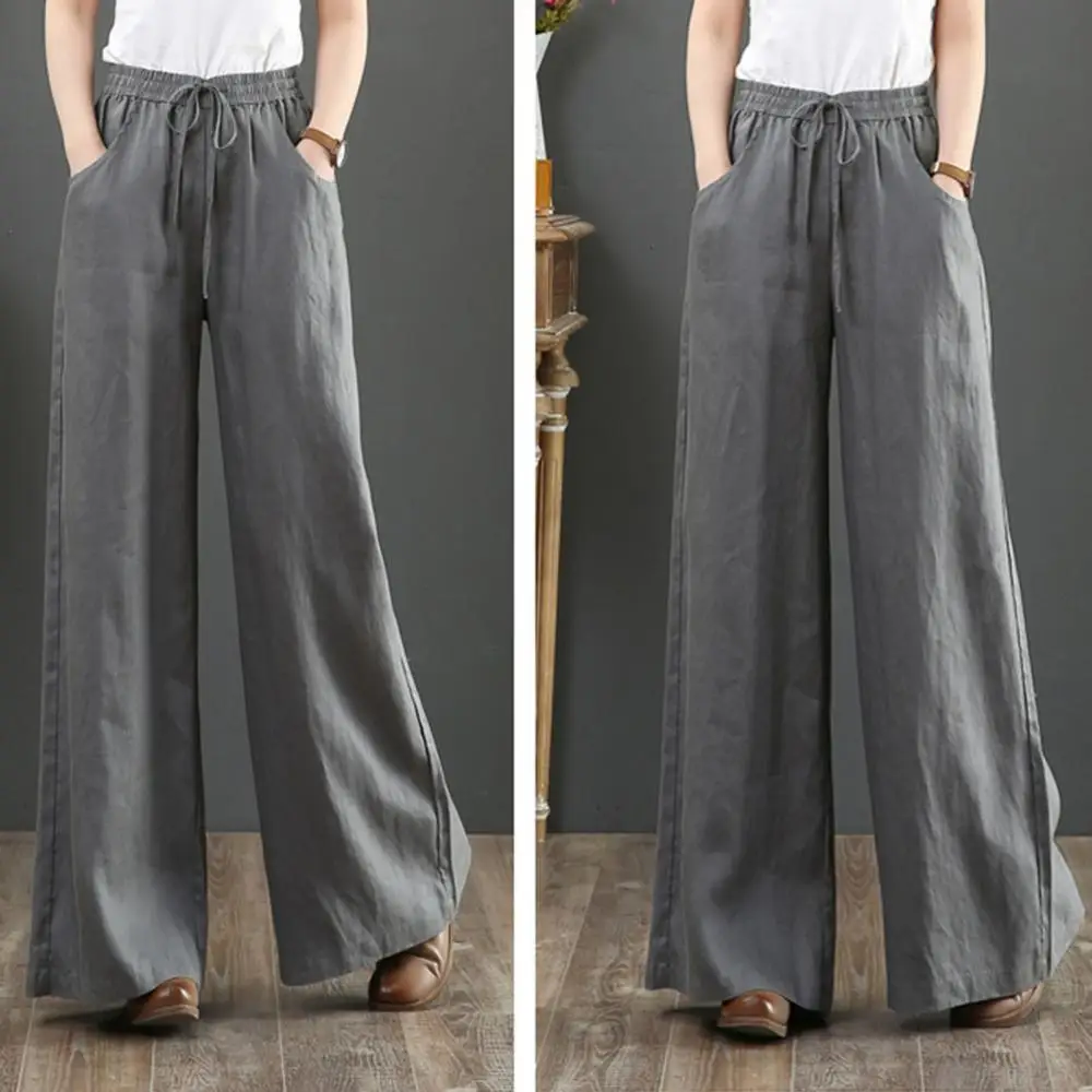 M-3XL 4Colors Wide Leg Elastic Waist Straight Tube Pants Breathable Cotton Linen Women Daily School Shopping Travel Wear