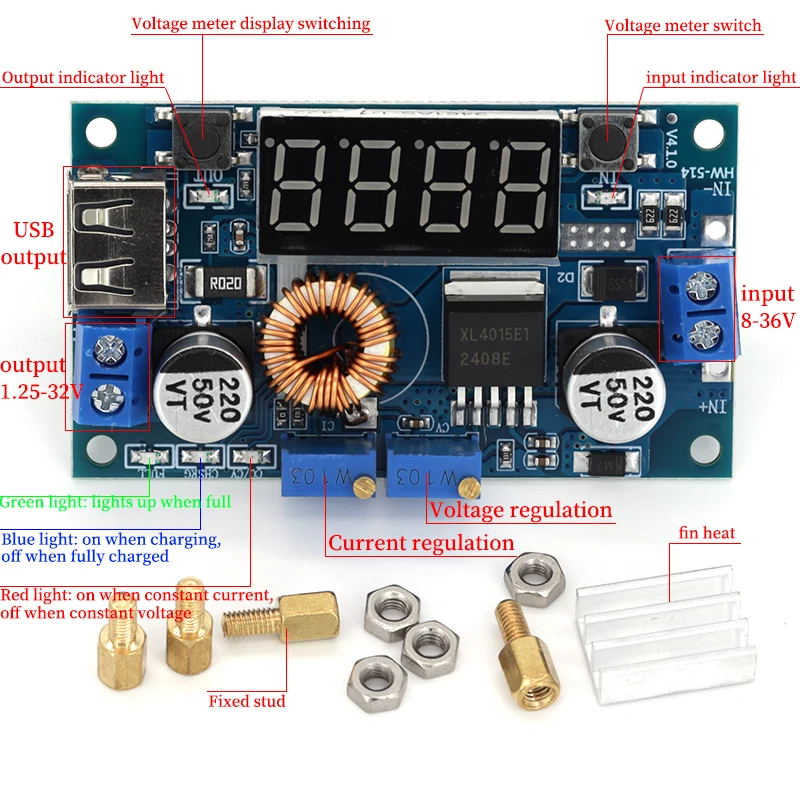 5A 75W XL4015 DC-DC Converter Adjustable Step-Down Module 4.0-38V to 1.25V-36V DIY Adjustable Power Supply