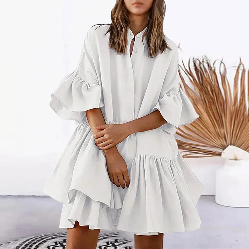 

2026 Summer New Pure Color Sundress Sexy Tie Front Elastic Waist Tiered Ruffle Layer Floral Balloon Long Sleeve Loose Dress