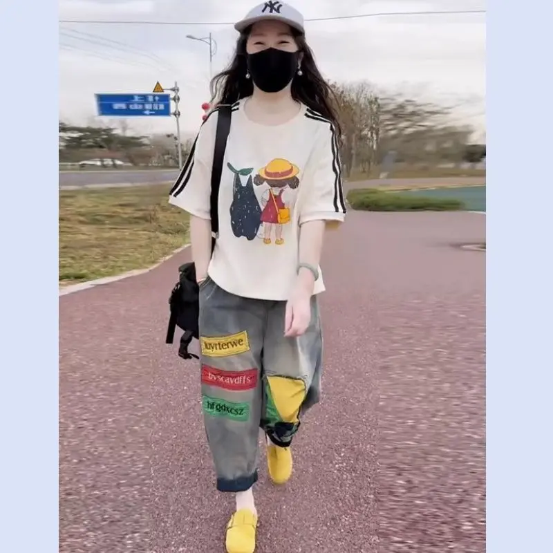 Two-Piece Set Women Pants Sets Summer Print Cotton T-Shirt Washed Denim Harem Pants Sportswear Outfits Short-Sleeve Top Jeans