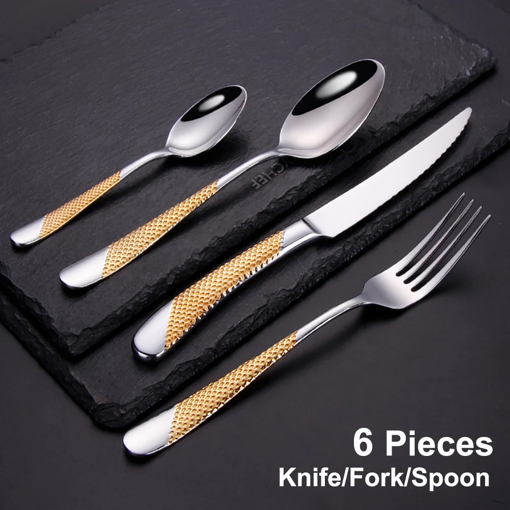 6 Pieces Stainless Steel Cutlery Set Western Gold Tableware Silver Knife Fork Spoon Dishwasher Safe Luxury Kitchen Utensils