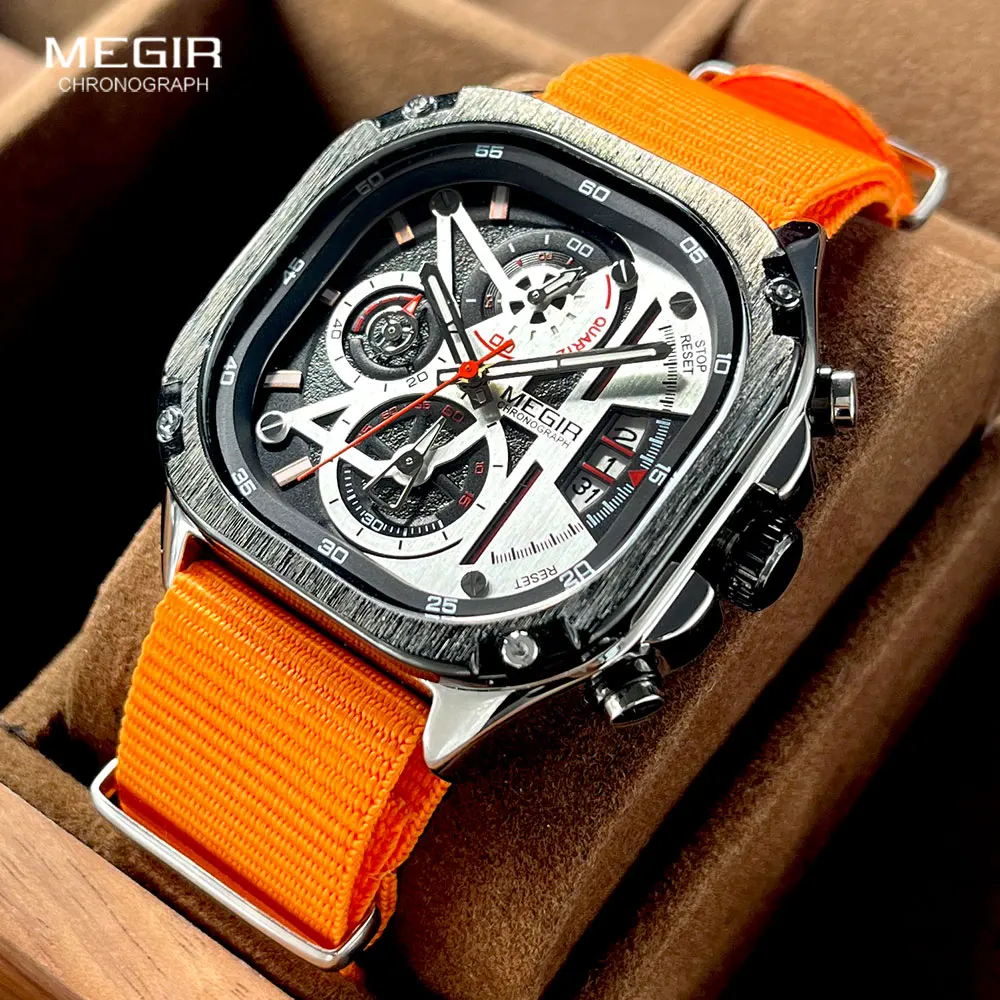 MEGIR Square Dial Quartz Watch Men Fashion Chronograph Stainless Steel Strap Wristwatch with Luminous Hands Auto Date Silver