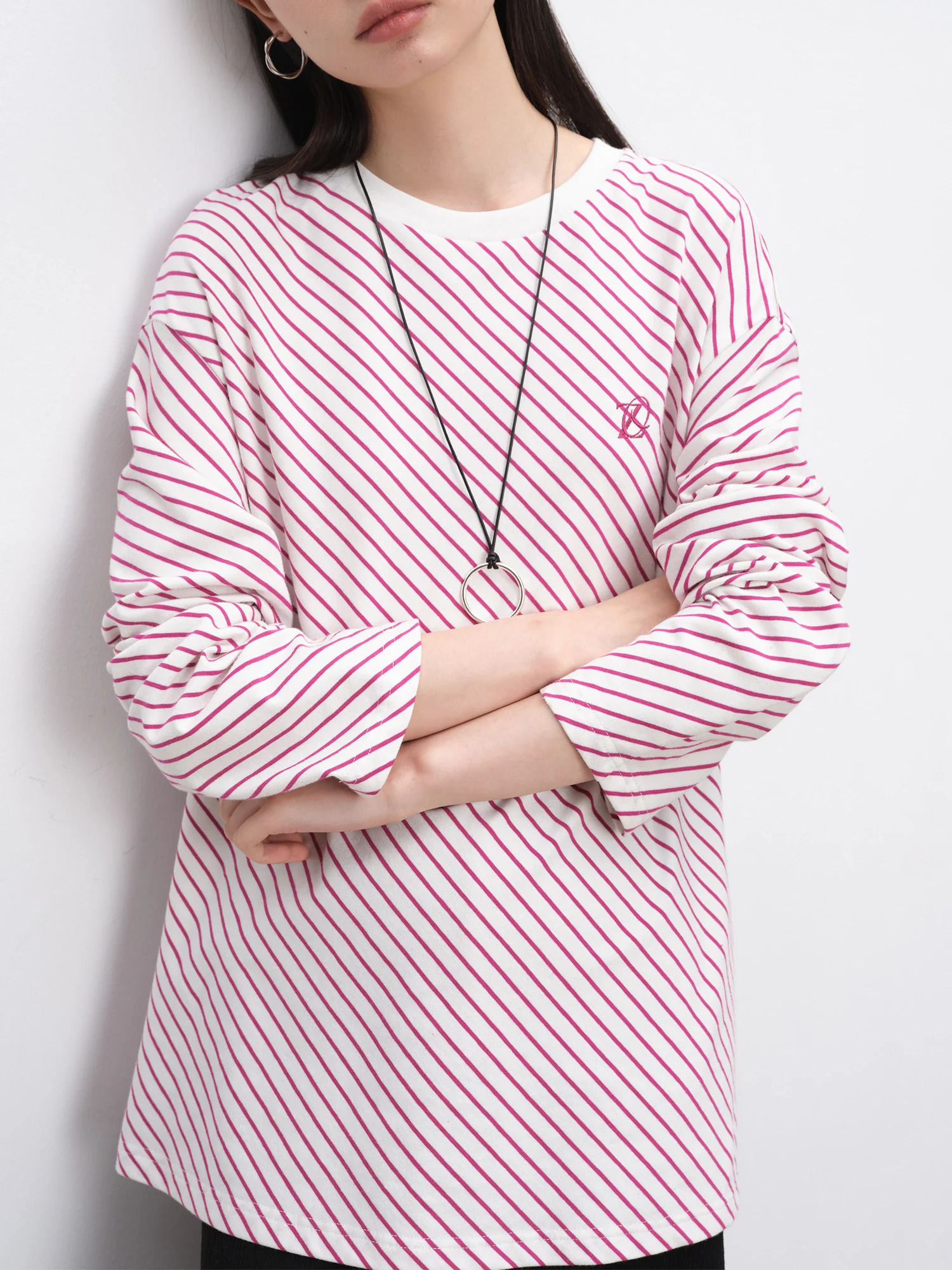 ZIQIAO Women Loose Stripe Pullover 96.3% Cotton Commuter Long Sleeve Drop Sleeve T-Shirts Pink Female Tops 24ZQ93239+24ZQ93238