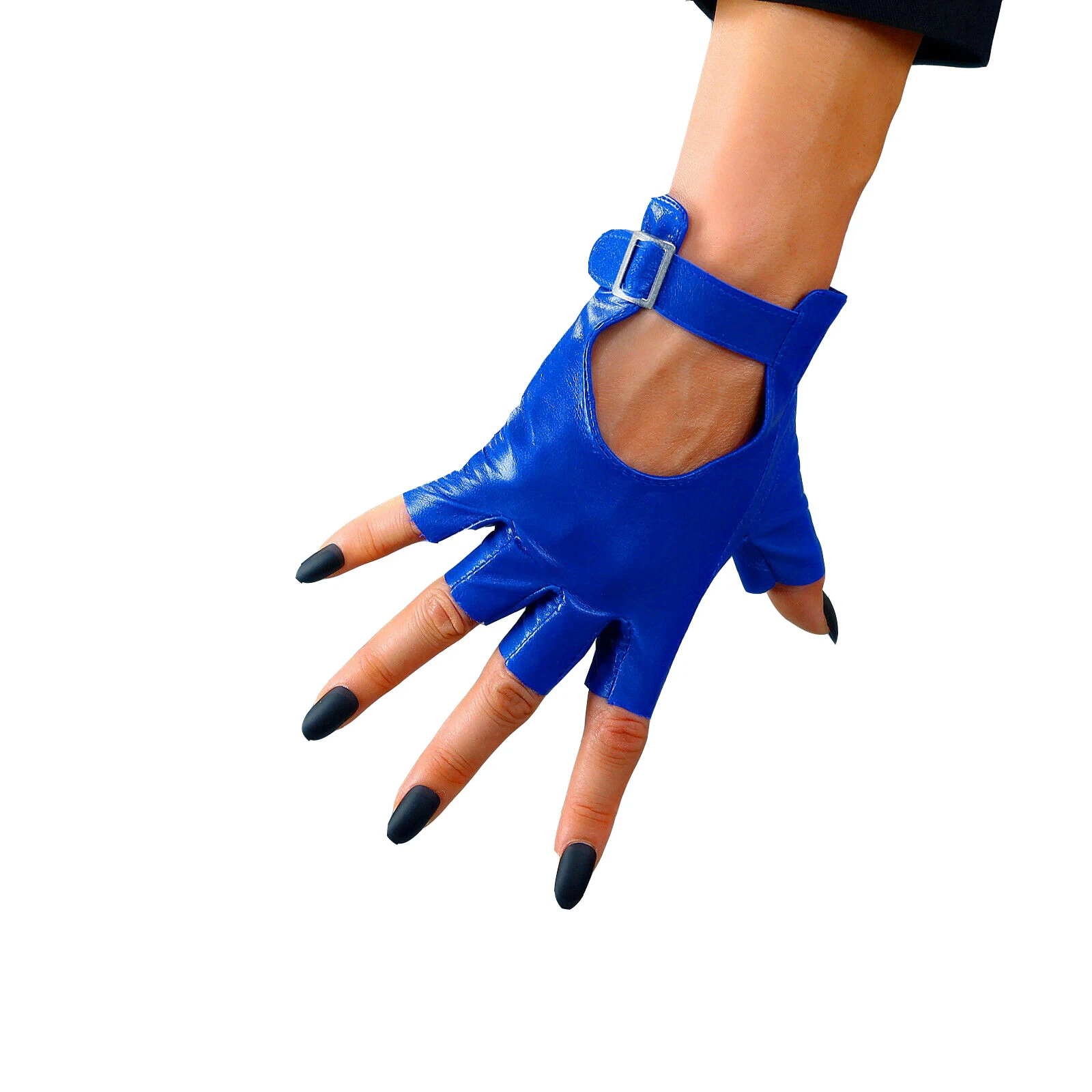 

Women's Fingerless Short GLOVES Royal Blue Genuine Sheepskin Real Leather Half Finger Buckle Outdoor Car Driving Cycling Glove