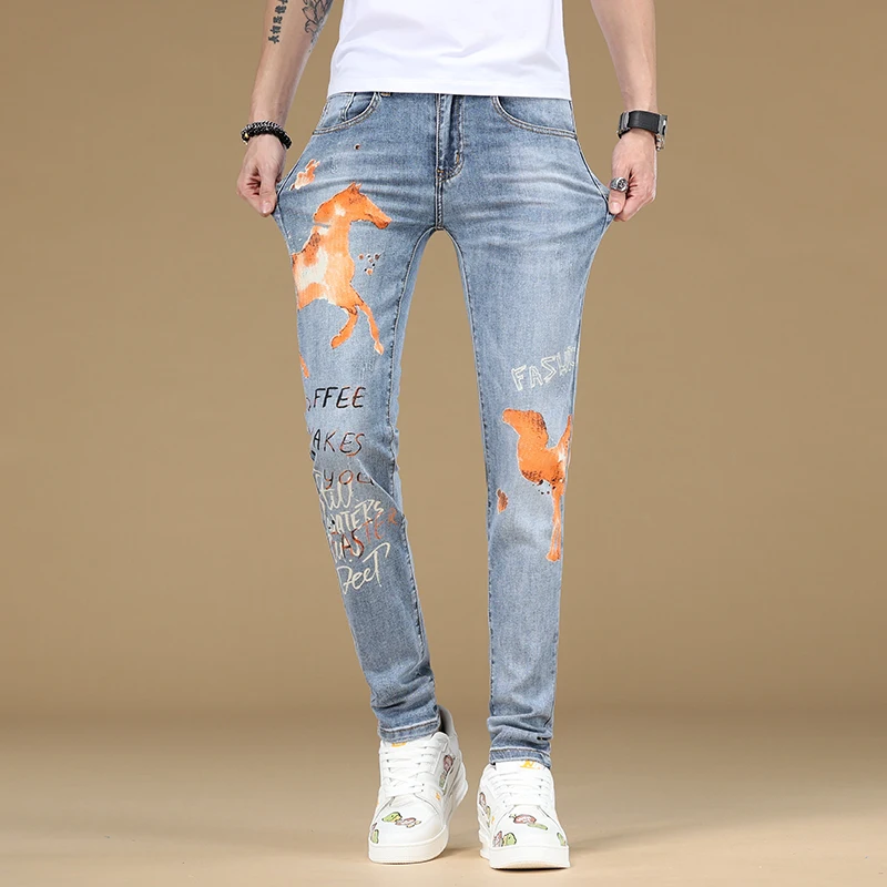 Heren Denim Broek Mode Fashion Printing 2024 Nieuwe Lente En Zomer Ademende Comfortabele Stretch Slim Fit Skinny Jeans