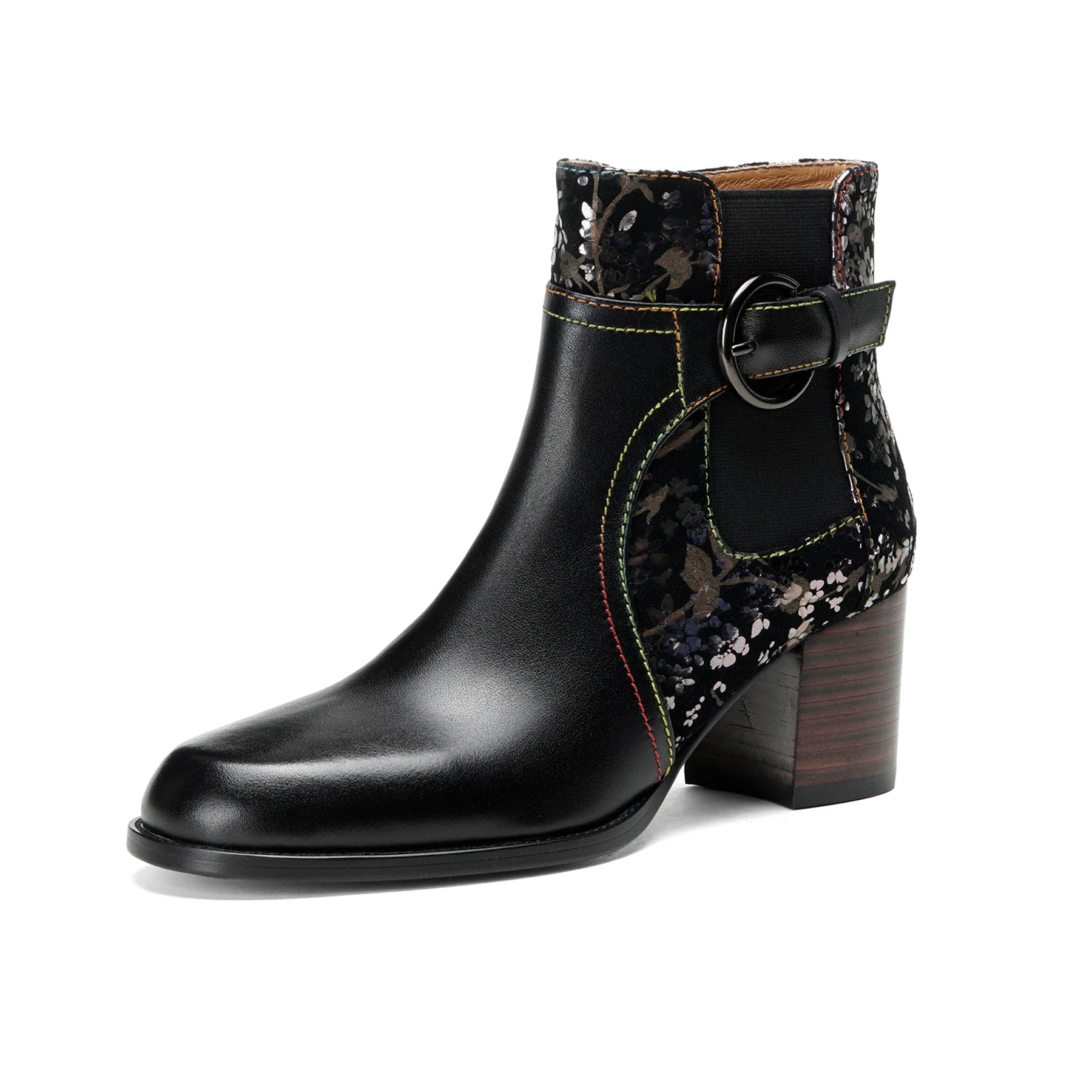 Plus Size 33-43 Cow Skin  Embroidery Flower Print Round Toe High Heels Zip Modern Motorcycle Boots Warm Winter Shoes Ankle Boots