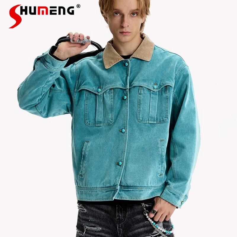 

2025 мужские осенние новые модные куртки с лацканами, мужские куртки с длинными рукавами, пальто, топы с лацканами и несколькими карманами на пуговицах