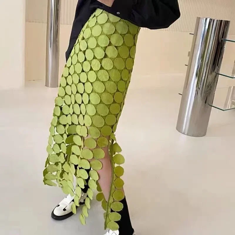 

3D Dot High Waist Skirts Women Elegant Tassels Hollow Design Long Skirt Casual Straight Skirts Streetwear Party Split Green O083