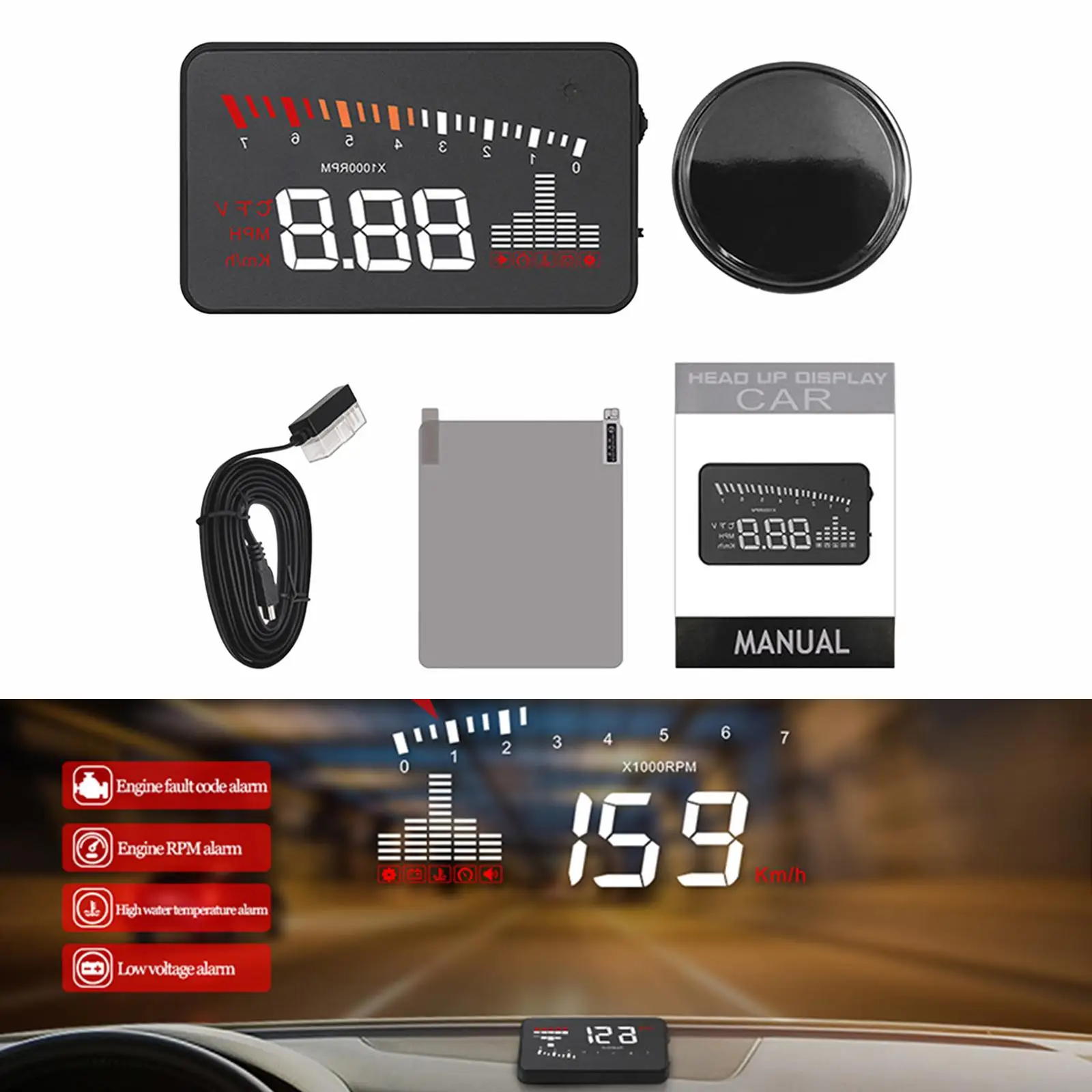 Car Heads up Display HUD Voltage Overspeed Alarm Water Temperature Speedometer Fatigue Driving Reminder Windshield Projector