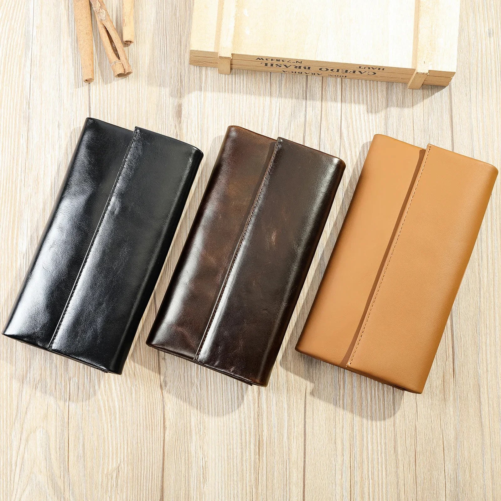 2024 New Vintage Business Men's Long Wallets Natural Real Leather Male Cow Genuine Leather Cash Purses Clutch Men Card Holders