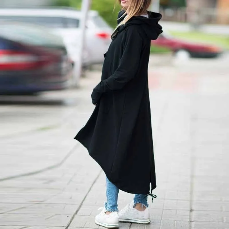 Windbreaker Women Hooded Long Sleeve Zipper Drawstring Casual Irregular Coat Casual Solid Long Trench 2021 Women Trench