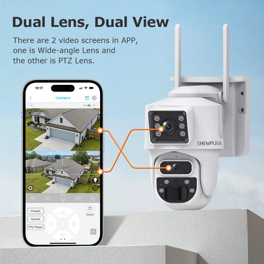 SHIWOJIA 4K 8MP Solar Camera 4G Sim Dual Lens Security Dual Screen Recording Humanoid Tracking Color Night Vision WiFi PTZ Cam
