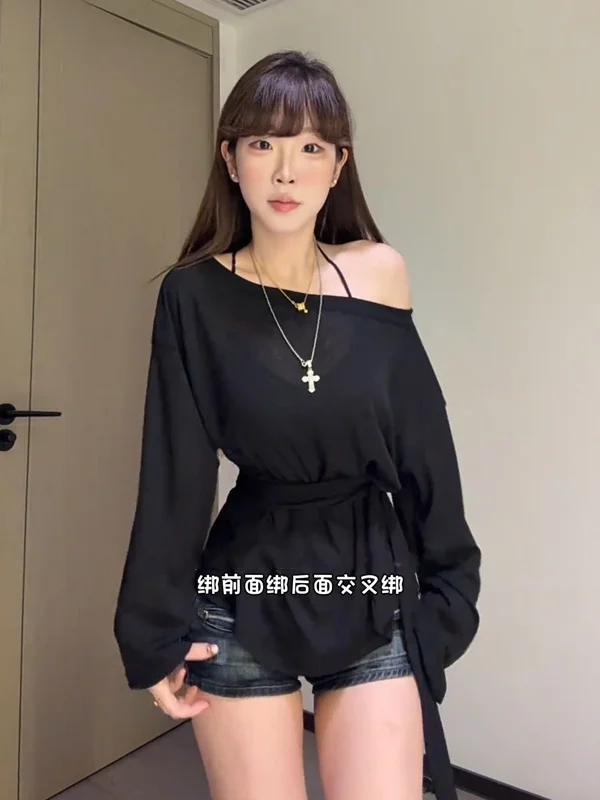 تي شيرت نسائي بأكمام طويلة Harajuku مريح على الطراز القوطي Y2K قطن دانتيل كبير الحجم جمالي غير رسمي عتيق فضفاض مناسب للخريف تي شيرت