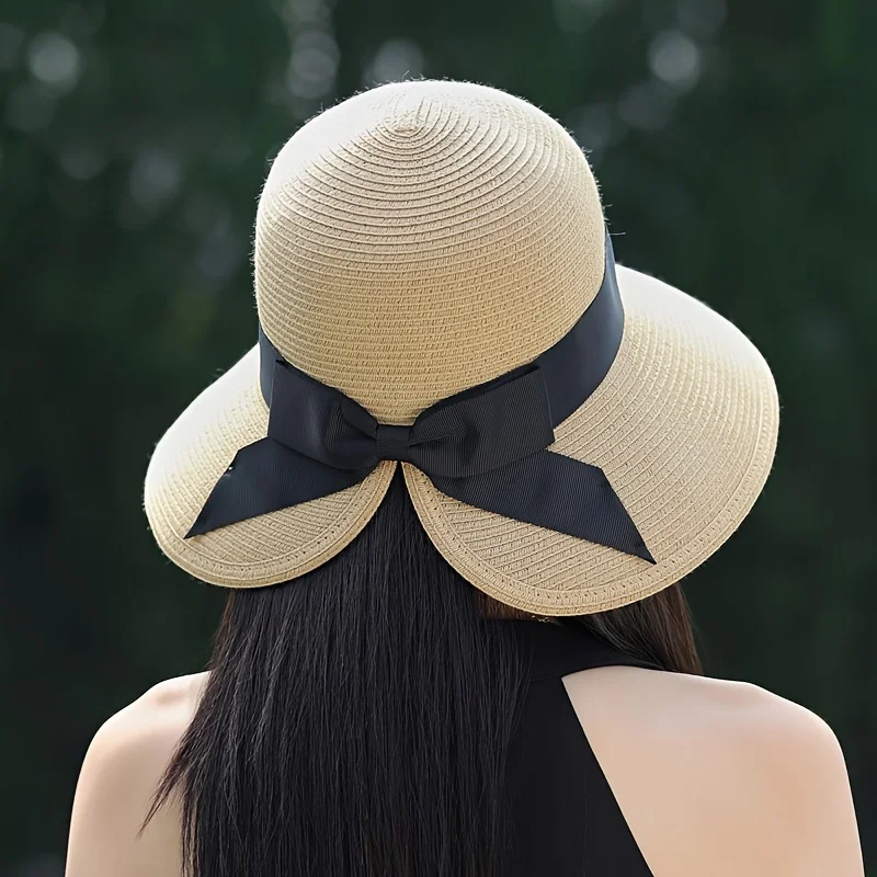 Grass hat, seaside sun hat, foldable ponytail bow, small face for outings, sun protection, UV rays, sun hat