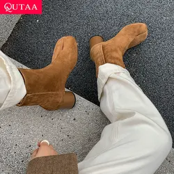 QUTAA 2025 moda donna stivaletti tacco alto in vera pelle tacco tondo punta quadrata autunno inverno stivali scarpe nere taglia 34-39