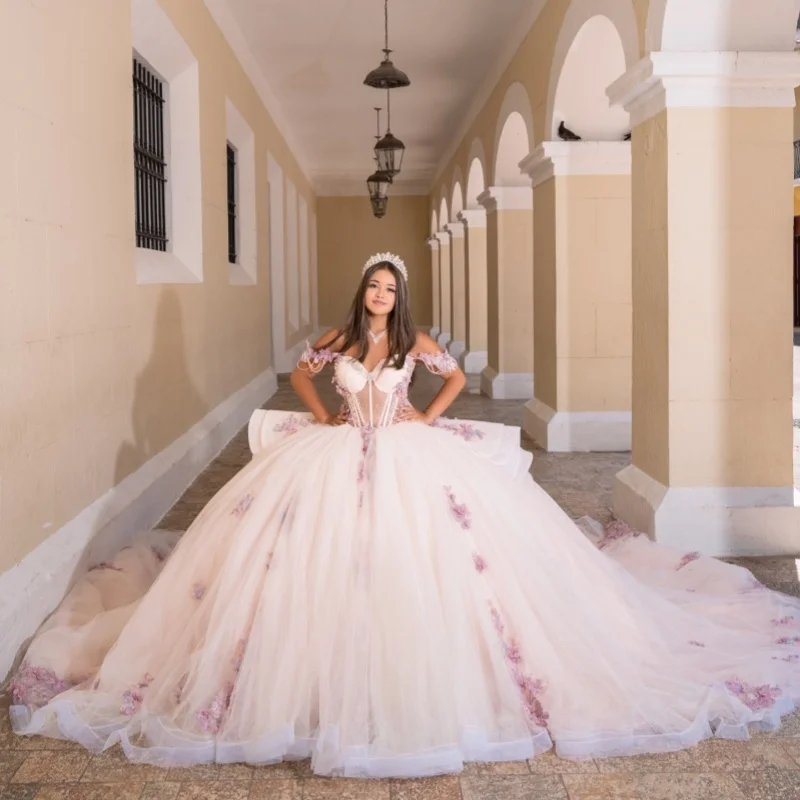 

Light Color Quinceanera Dresses Off the Shoulder Glitter Crystal Layering Decal Long tail Vestidoe 15 Quinceanera Customize
